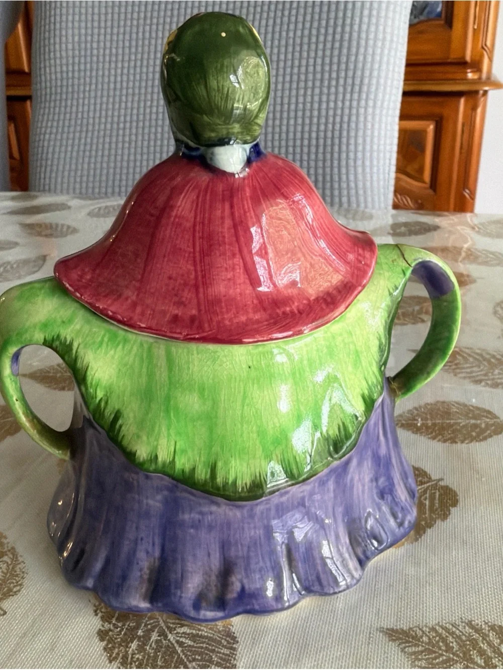 Hand-Painted Vintage Ceramic Figurine Sugar Bowl in Purple, Green, Red English